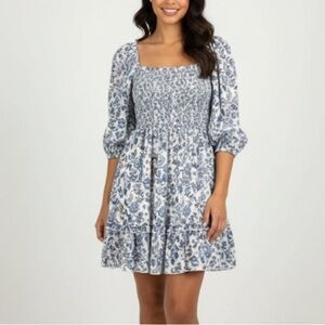 NWT Super Natural by Secret Mission Greenport Puff Sleeve Mini Dress Blue White